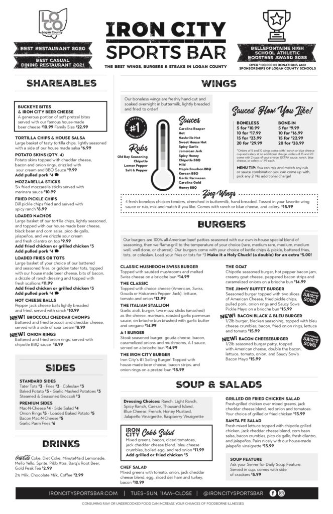 Menu Iron City Sports Bar